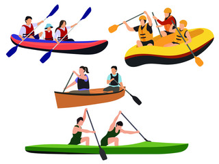 Set of people in boat. Collection of cartoon water equipment for active rest. Tropical lifestyle. Riding on the waves. Family leisure. Color illustration of a sports holiday.