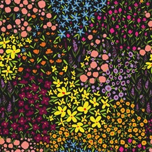 Ditsy Floral Abstract Seamless Pattern, In Rainbow Colours On A Black Background