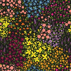 Ditsy floral abstract seamless pattern, in rainbow colours on a black background