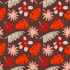 Wall Mural - Seamless pattern with hibiscus flowers, palm tree leaves