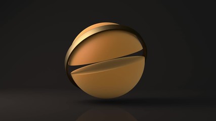 Poster - abstract 3d animation of a yellow cut sphere and ring in a dark studio. objects move in mutual motio