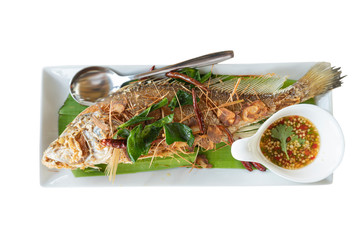 Wall Mural - fried fish with thai herb white background