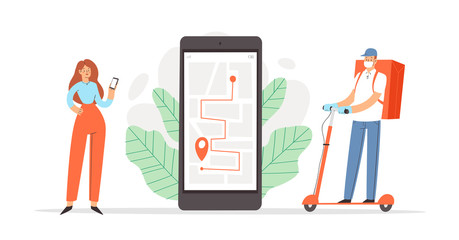 Online safe delivery concept design. Courier on scooter in medical mask and gloves, delivers the package, parcel or food during quarantine. Coronavirus Contact free 24/7 delivery service. Mobile app