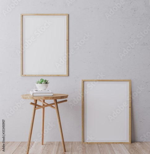 Mockup Of Scandinavian Interior Poster With Vertical Wooden Frames On Gray Wall Background With Modern Design Table In A3 Size Format 3d Rendering Illustration Buy This Stock Illustration And Explore