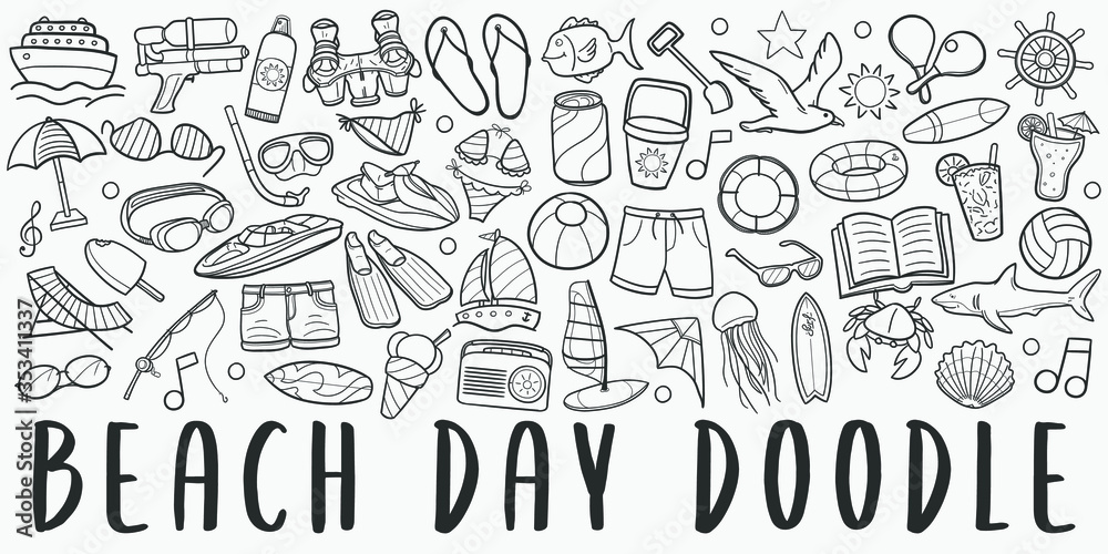 Beach Day Summer Doodle Line Art Illustration. Hand Drawn Vector Clip ...