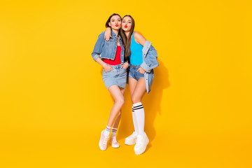 Poster - Full size photo of dream charming flirty girls have valentine day celebration want attract cute guy send air kiss wear denim singlet isolated over bright shine color background