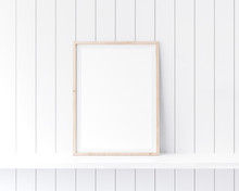 Mockup Poster Frame Close Up In Coastal Style Interior On White Shelf. 3D Render	