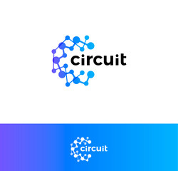 Aufkleber - Digital innovation circuit logo. Technological progress logotype. Atomic structure, science laboratory icon. Artificial computational intelligence blue abstract round vector emblem.