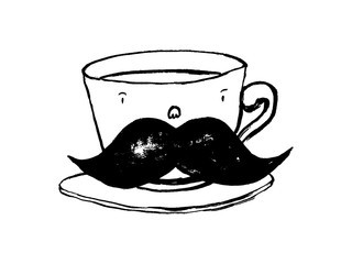 Coffee Cup with mustache. Hipster cup of fresh espresso. Father's day concept. Doodle cartoon hand-drawn style.