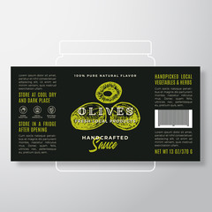 Wall Mural - Handcrafted Vegetables and Herbs Sauce Label Template. Abstract Vector Packaging Design Layout. Modern Typography Banner with Hand Drawn Olives Silhouette Background.