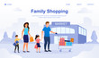 © Mr. Good - Young attractive couple with two children standing in front of a shopping mall. Happy Family after shopping. Parents bought toys for their children. Perfect for landing, web, banner or ad. Flat Vector