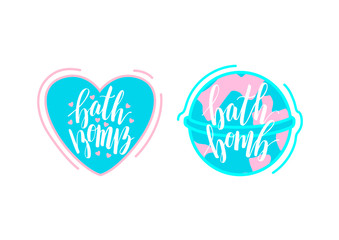 Round and heart-shaped bath bomb illustration with lettering text. Home spa relaxation cosmetics. Design elements for packaging, banners, poster. Calligraphic inscription.