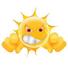 Evil Summer Sun Emoticon. Angry Sun Emoji Is Pointing At You. Isolated On White Background.