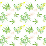 Fototapeta Sypialnia - Cannabis leaf watercolor drawing - seamless pattern sketch