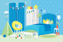 Kid Boy Room Interior Vector Illustration. Cartoon Flat Modern Empty Blue Children Bedroom In House Apartment With Bed, Window, Toys For Child Games And Cosmos Furniture Decoration Design Background