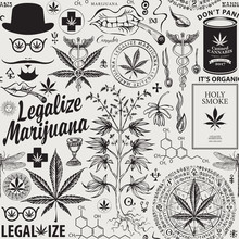 Vector Seamless Pattern In Retro Style On The Theme Of Marijuana Legalization. Black And White Repeatable Background With Hand-drawn Hemp Leaves, Cannabis Plant, Hipster Face And Other Sketches