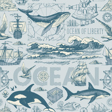 Vector Abstract Seamless Pattern On The Theme Of Sea Travel, Adventure, Discovery. Repeating Background With Hand-drawn Ocean Waves, Sailboats And Various Sea Inhabitants In Retro Style
