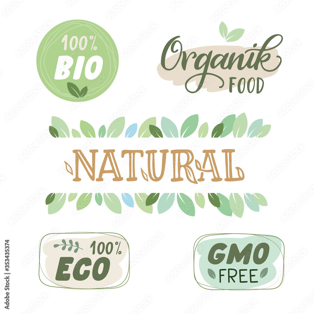Set of eco, bio, organic, natural. Collection of emblem cafe, badges, tags, packaging. Vector illustration - obrazy, fototapety, plakaty 
