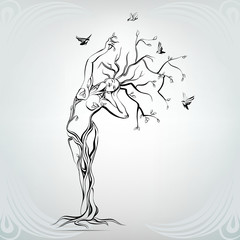 Wall Mural - Vector silhouette of the girl in the form of a tree