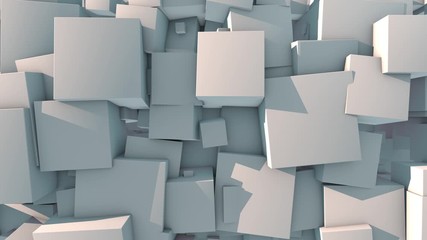 Poster - 3D animation of a white background. The surface splits into many cubes of different sizes. The cubes jump and merge back into one plane. 4K animation with the possibility of continuous playback.
