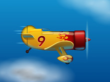 A Yellow Bee Type Racing Airplane With Flames. Digital Illustration