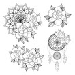 Set of four tattoo sketch with peony flowers, mandala and dreamcatcher amulet for Henna drawing and tattoo template. Animal tattoo. Vector illustration