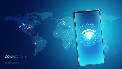 Poster - wireless internet technology on smartphone Concept background wifi communication connection and business with map network high speed innovation connection vector illustration.