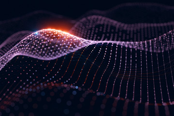 Aufkleber - Moving neon blue and orange wireframe pattern forming a digital network connection on dark background