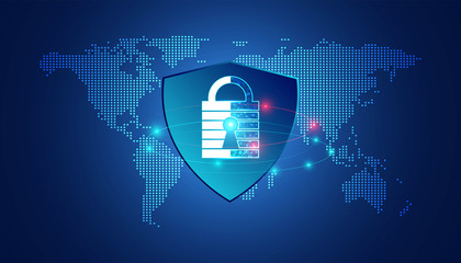 Poster - abstract padlock cyber security with map dot and shield concept Protection of information in the online world, cyber personal information, internet, preventing internet theft