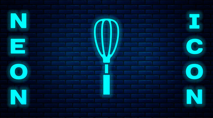 Wall Mural - Glowing neon Kitchen whisk icon isolated on brick wall background. Cooking utensil, egg beater. Cutlery sign. Food mix symbol. Vector Illustration.