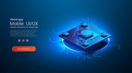 Wall Mural - Futuristic microchip processor with lights on the blue background. Quantum computer, large data processing, database concept. CPU isometric banner. Central Computer Processors CPU concept.Digital chip