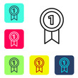 © Kostiantyn - Black line Medal icon isolated on white background. Winner achievement sign. Award medal. Set icons in color square buttons. Vector Illustration.