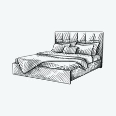 Wall Mural - Hand-drawn sketch of double bed with leather fabric headboard. Bed with coverlid and pillows. Bedroom furniture. Cozy and decorative bedding style. Blanket hanging over the bed