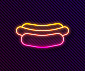 Sticker - Glowing neon line Hotdog sandwich icon isolated on black background. Sausage icon. Fast food sign. Vector Illustration.