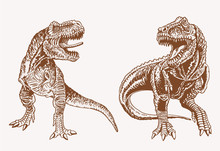 Graphical Vintage Set Of Dinosaurs, Vector Sepia Illustration,lizards For Poster And Typography