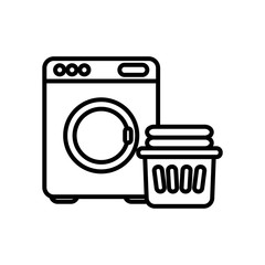 Poster - washing machine and bucket with clean folded clothes icon, line style