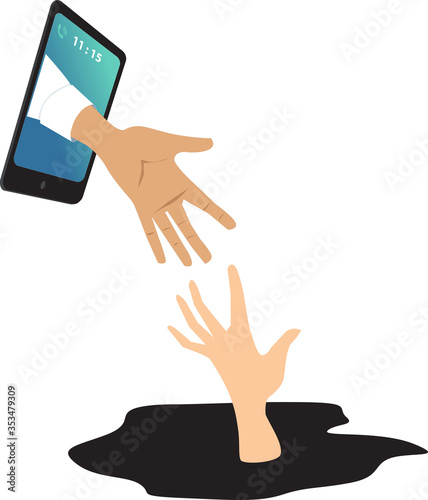 Fotomural Helping hand coming out of a smartphone to catch a drowning person as a metaphor