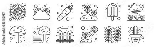 Fotomural set of 12 thin outline icons such as cactus, plant, park, ice cream, carrot, goo