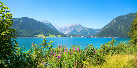 beautiful lake Achensee in summer, view to tourist health resort Pertisau