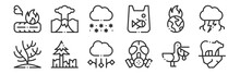 Set Of 12 Thin Outline Icons Such As Polar Bear, Gas Mask, Deforestation, Global Warming, Snowflake, Eruption For Web, Mobile