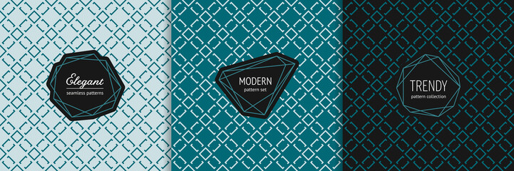 Vector geometric seamless pattern collection with stylish minimal labels. Elegant texture with linear grid, diamond shapes, squares, rhombuses. Art deco style. Trendy teal background. Luxury design