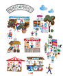 Seasonal outdoor farmers market. Buyers and sellers on local marketplace. People selling and shopping fresh milk, meat, fruits, vegetables, bakery. Retail business, bazaar vector concept.
