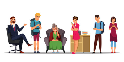 set of vector characters people using smartphone