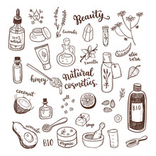 Natural Cosmetic, Spa And Self Care Doodle Design Elements Set