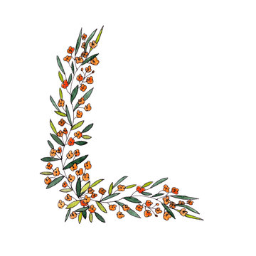 letter L of the english and latin floral alphabet. graphic on a white background. letter L of sprigs blooming with orange flowers.