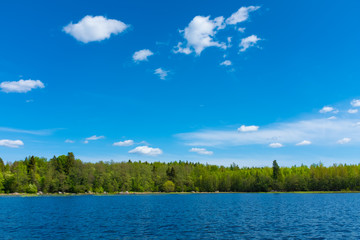 Poster -  landscape with sky, water and clouds with forest on the horizon