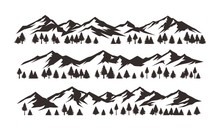 Mountains Silhouettes On Isolated Background. Set Of Hand Drawn Landscape Mountain With Silhouette Pine Trees. - Vector
