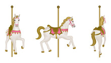 White Isolated Carousel Horse. Side, Front And Back View