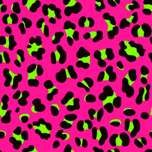 Punk Rock Style Eighties/80s Fashion Pattern. Seamless Faux Leopard Skin Pattern With Neon Green Spots On Pink Background. Vector Illustration Animal Repeat Surface Pattern. 
