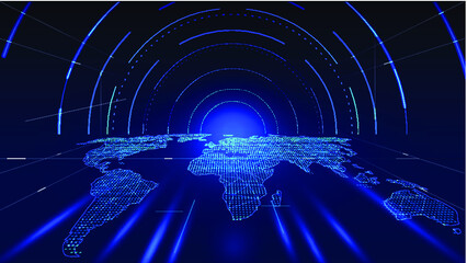 Digital world map perspective space tunnel, internet technology.